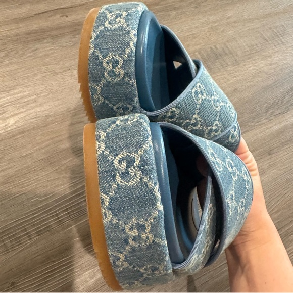 Gucci GG Logo Blue Jean Platform Slide Sandals - Picture 12 of 13